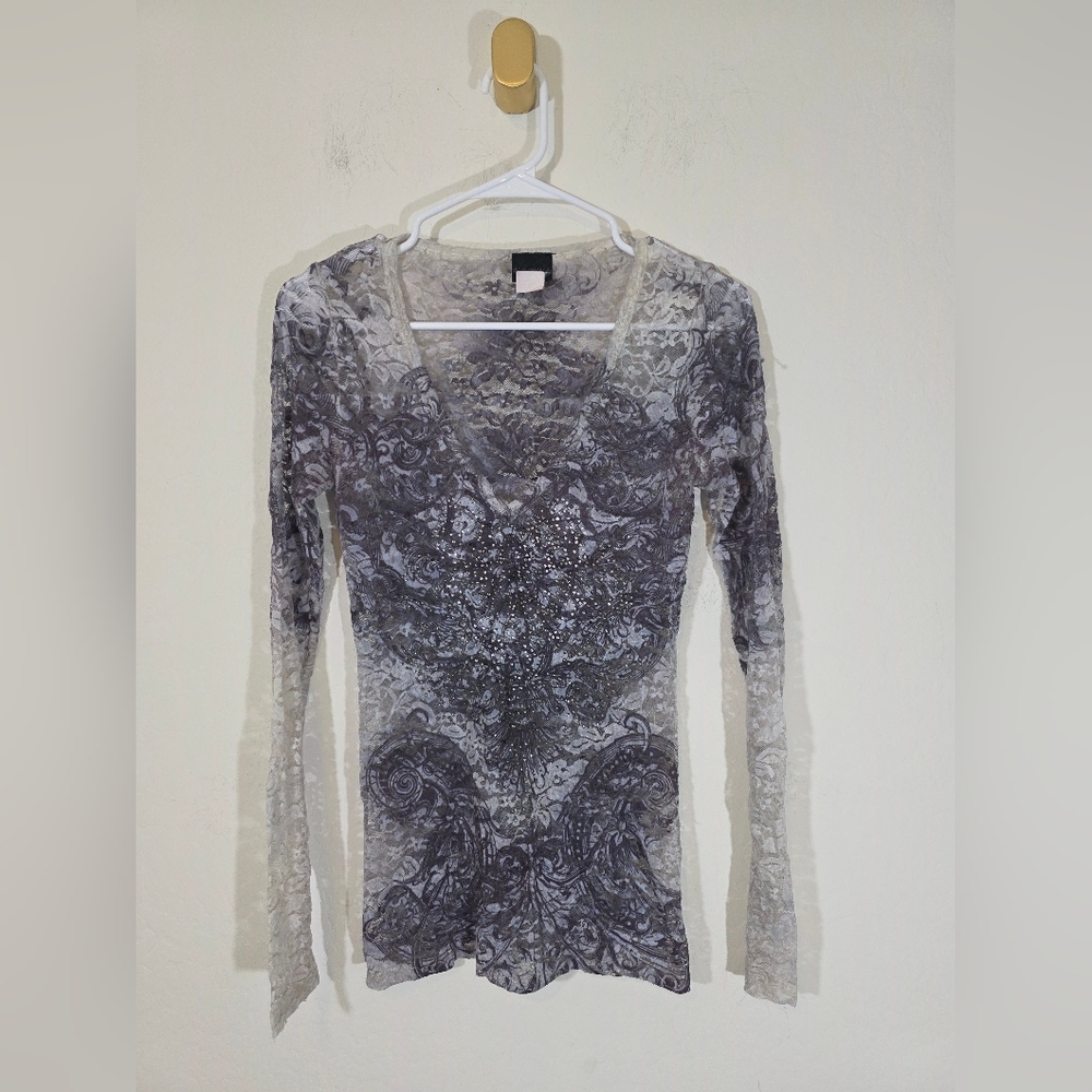 Daytrip Y2K Lace Rhinestone Paisley Long Sleeve Shirt W/flaw Medium